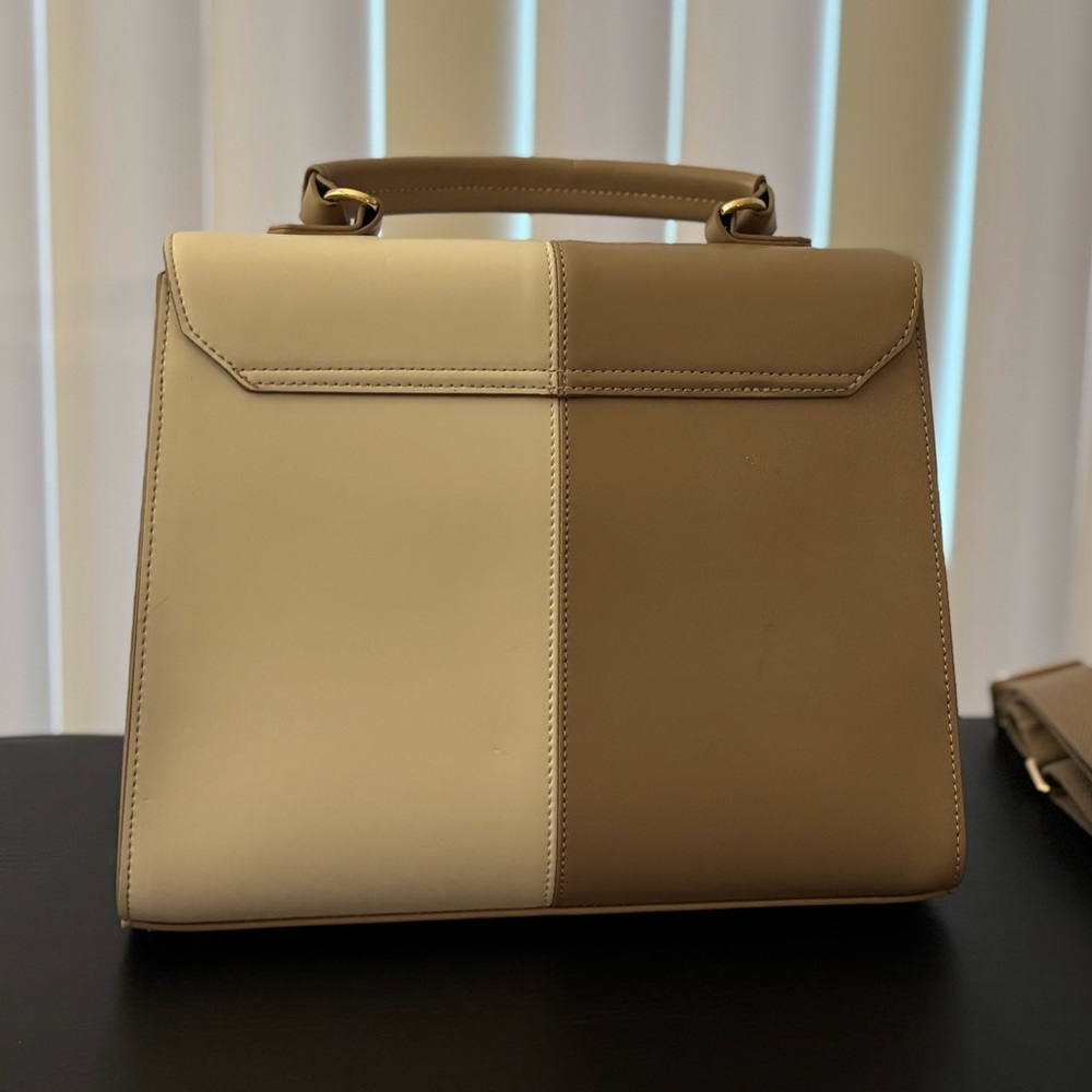 Trina Turk Taupe & Off White Top Handle Satchel Handbag with Detachable Strap - Picture 6 of 16